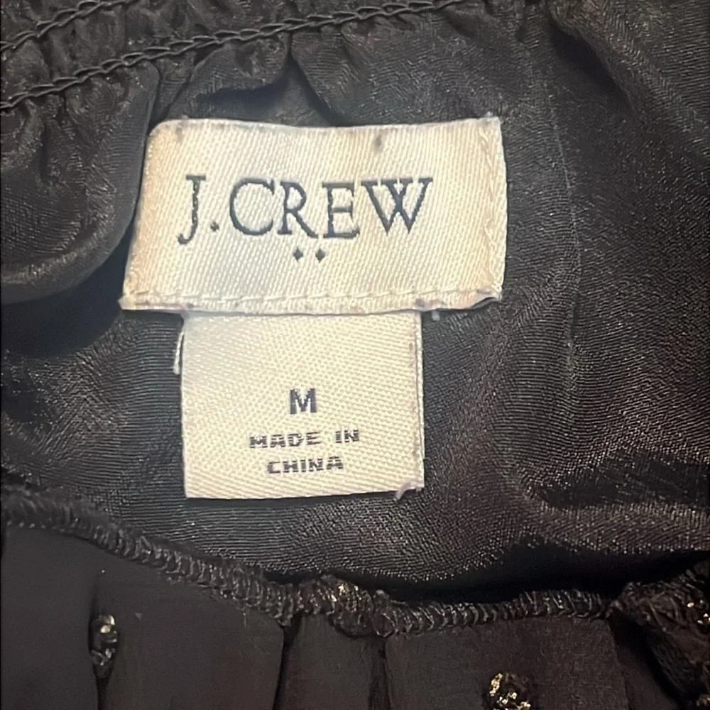 J. Crew Black and Gold Ruffleneck Top with Foil Clip Dot Size M